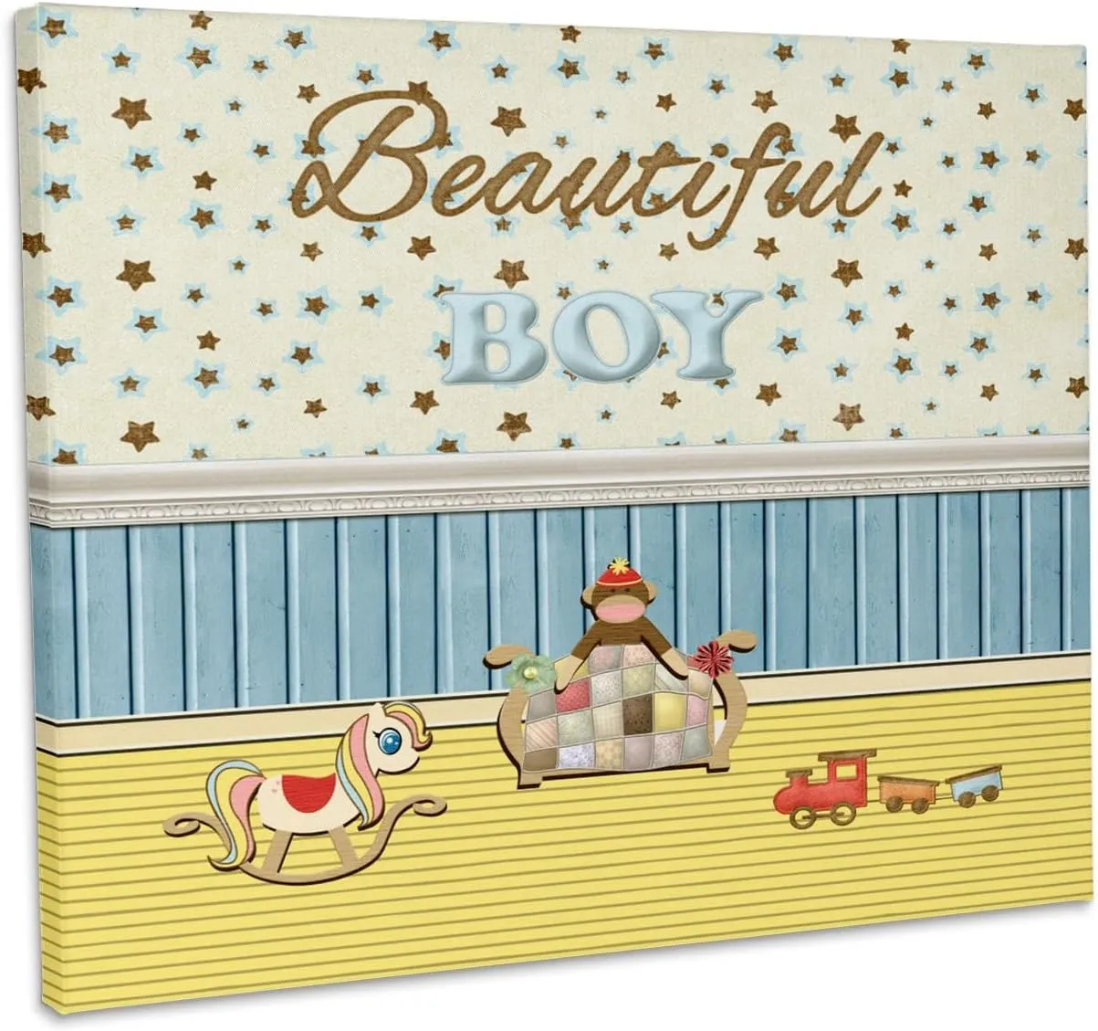 3dRose, Beautiful Boy Room, Choo Choo Train, Rocking Horse, Quilt Bed, Monkey, Museum Grade Canvas Wrap 20x16