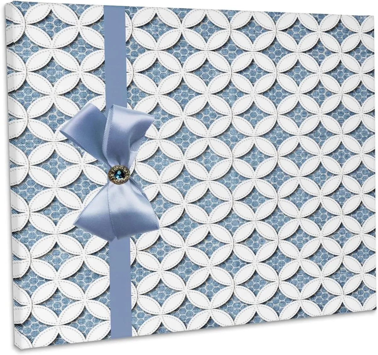3dRose, Blue Cathedral Window Quilt Design with Ribbon, Bow, and Jewel, Museum Grade Canvas Wrap 14x11