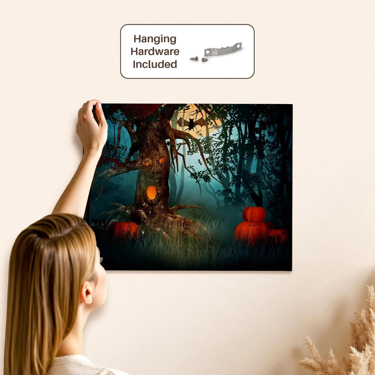 3dRose, Halloween Tree in A Field With A Bat and Pumpkins, Museum Grade Canvas Wrap 20x16