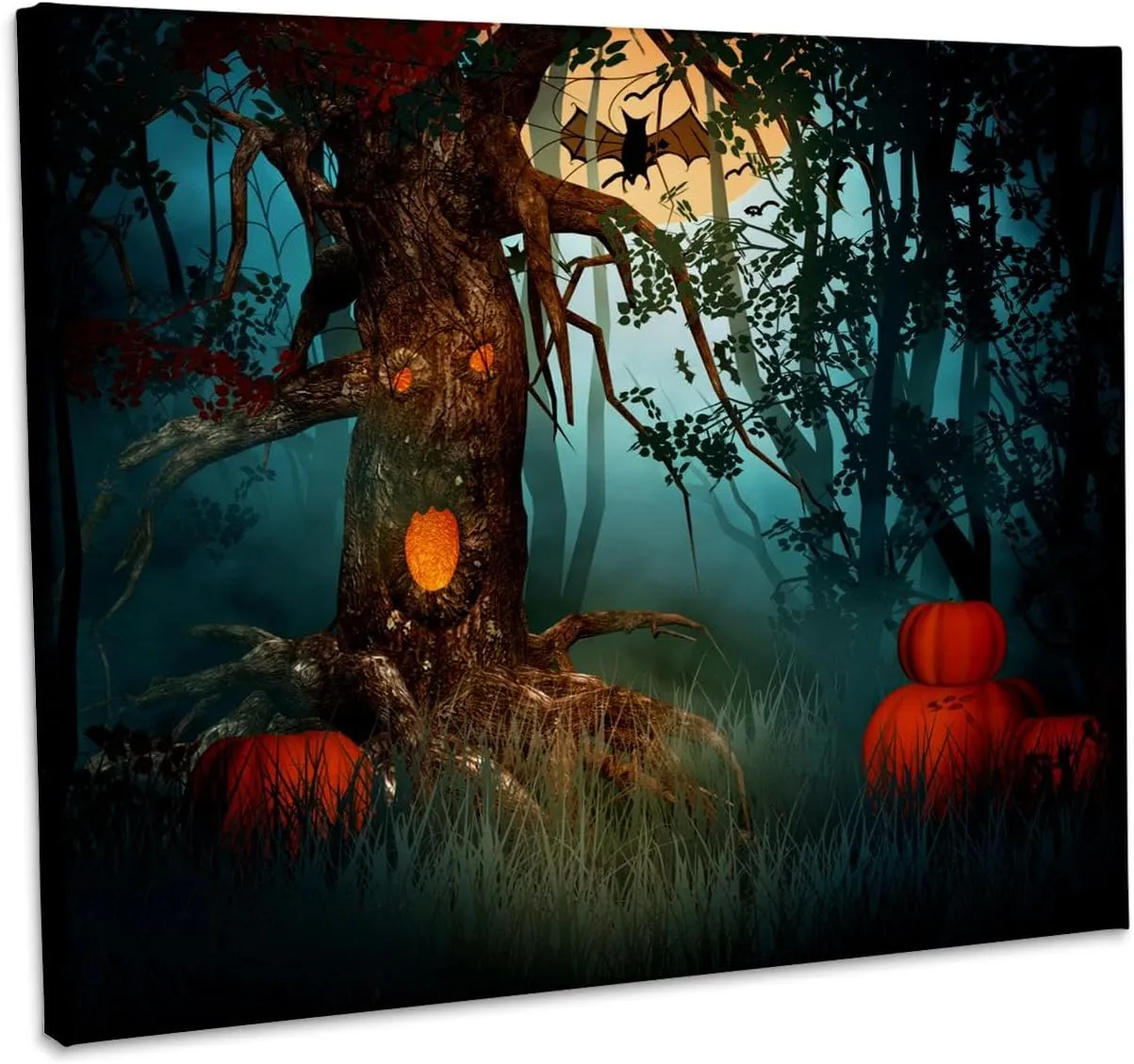 3dRose, Halloween Tree in A Field With A Bat and Pumpkins, Museum Grade Canvas Wrap 20x16