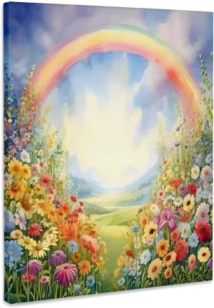 3dRose, Pretty Flower Field With A Rainbow Background, Museum Grade Canvas Wrap 16x20