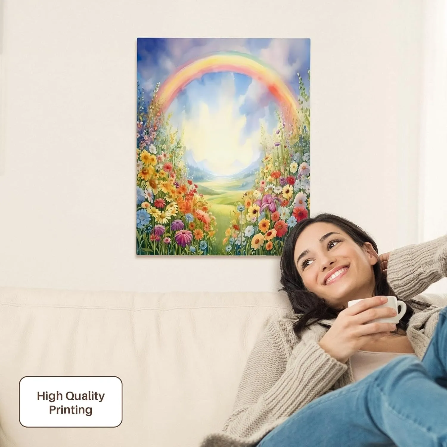 3dRose, Pretty Flower Field With A Rainbow Background, Museum Grade Canvas Wrap 16x20