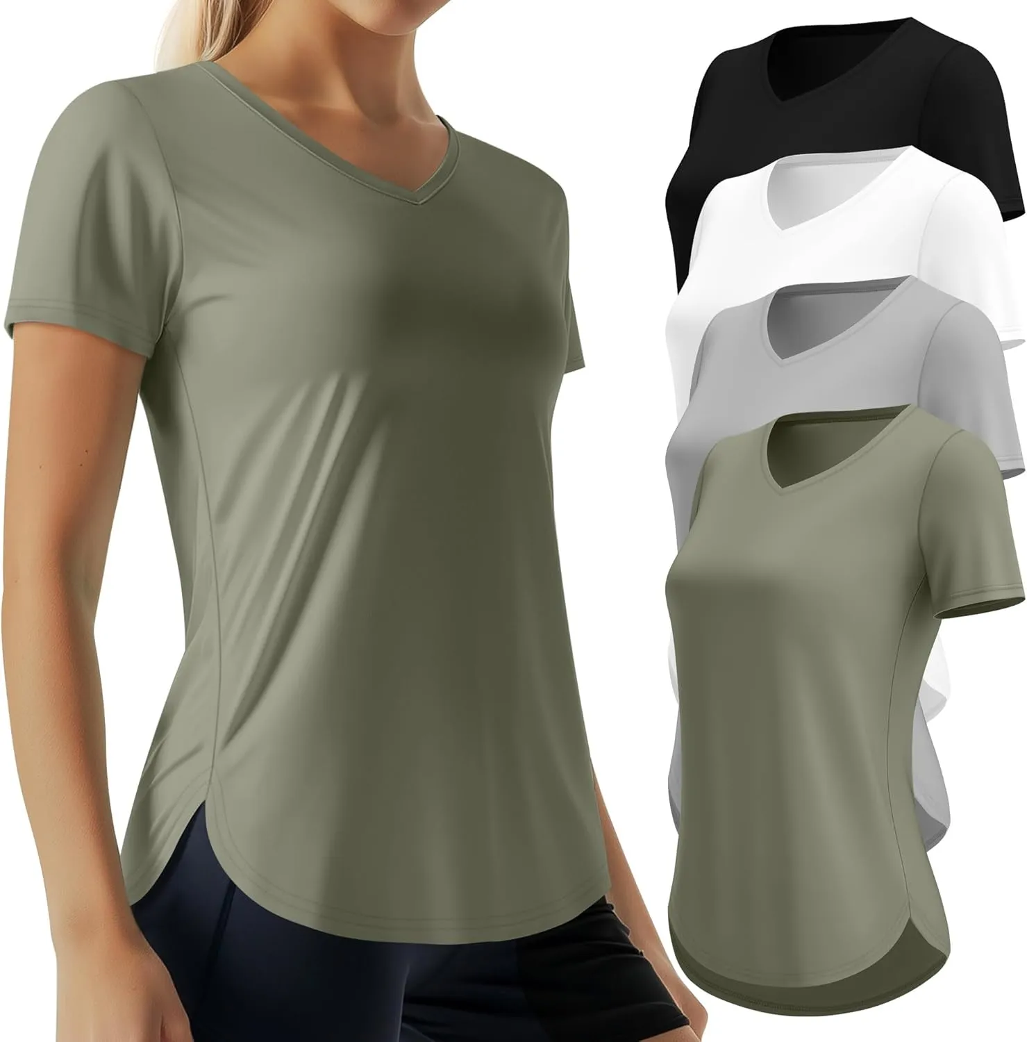 4 Pack Women's Short Sleeve Workout T Shirt Side Slits Curved Hem V Neck Breathable Exercise Tops Quick Dry UV Tee