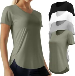 4 Pack Women's Short Sleeve Workout T Shirt Side Slits Curved Hem V Neck Breathable Exercise Tops Quick Dry UV Tee