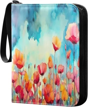 4 Pocket Card Binder with 50 Removable Sleeves Art Flowers Painting Trading Card Binder Collector Card Album for 400 Game Sports Cards