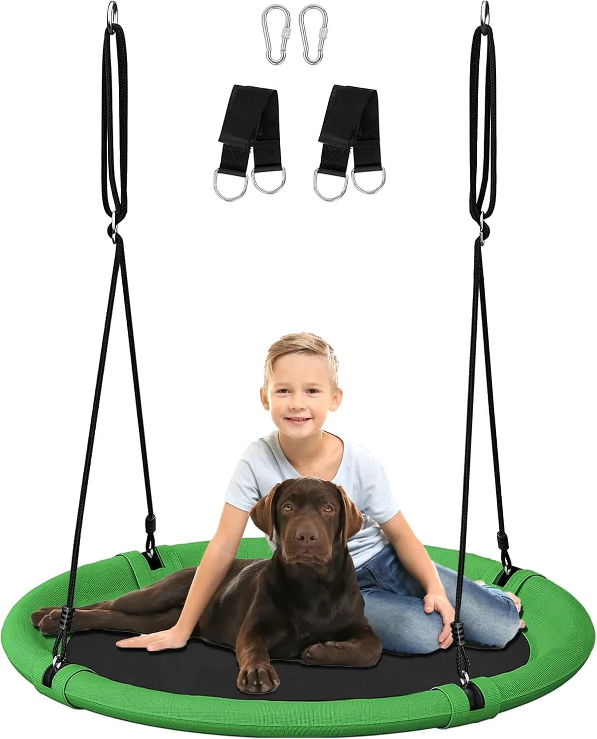 40 Inch Saucer Tree Swing Set for Kids & Adults, Adjustable Flying Swing Seat for Backyard or Outdoor Playground, Green & Black