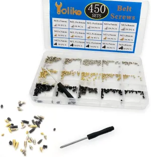 450 Pcs Nickel Plated Tip Screws Pointed Cross Slot Leather Accessories 3 Colors 5 Sizes Belt Screws Include M2x3，M2.5x4，M2.5x6，M3x5，M3x8 with 2mm Screwdriver for Belt Buckle Wallet Handbag Purse