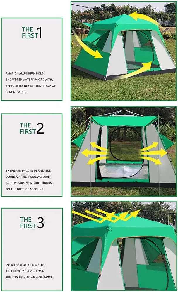 5-8 Person Camping Tent Pop Up Tent with Zipped Double Door and Carrying Bag Instant Family Tent for Outdoor Hiking Camping Beach Garden Easy Set Up (Green 5) (Green 5)
