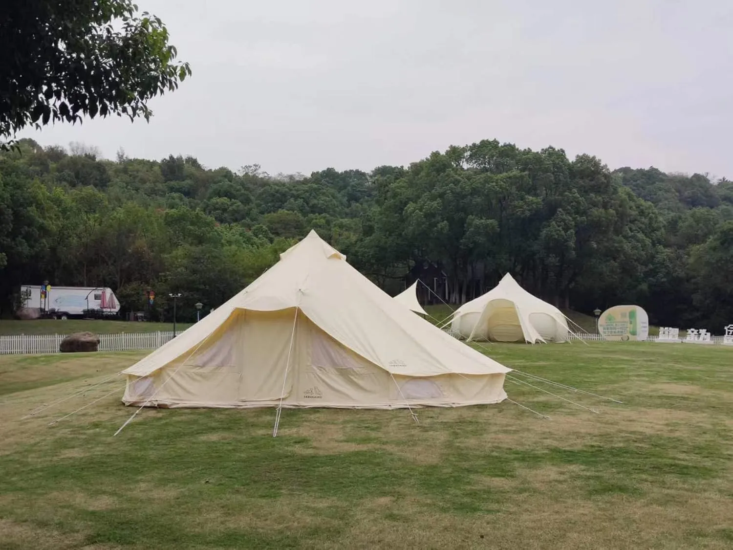 6-Person Canvas Bell Tent – 4-Season Glamping Yurt for Family Camping, Hunting, Parties – Heavy Cotton, Durable, 2-in-1 Design with 2 Doors (White)
