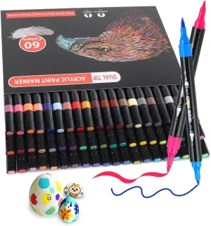 60 Colors Acrylic Paint Markers, Dual Tip Acrylic Paint Pens with Brush and Fine Tips for Kids, Adults, Wood, Canvas, Stone, Rock Painting, Glass, Ceramic Surfaces, DIY Crafts Making