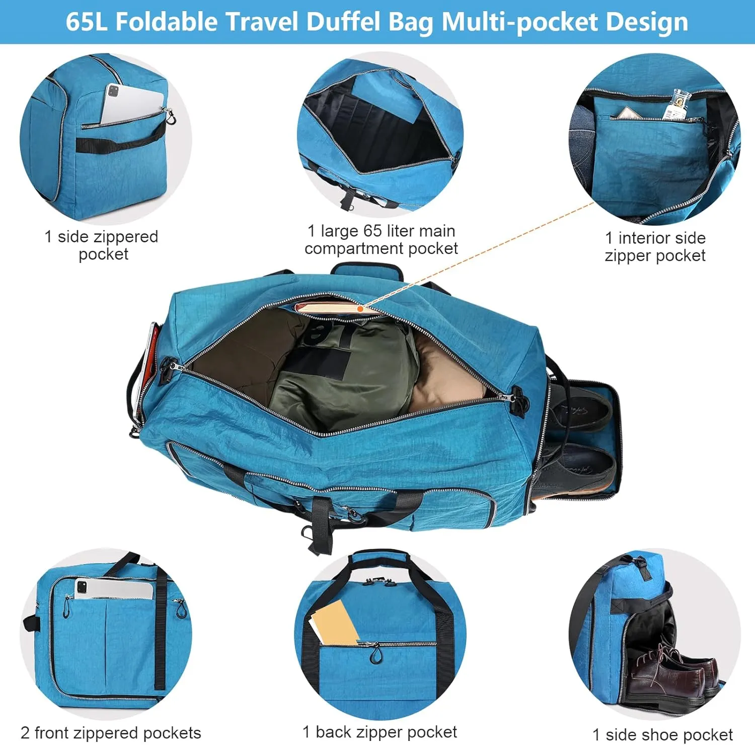 65L Foldable Nylon Duffle Bag, Waterproof Large Travel Bag with Thicken Bottom, Blue
