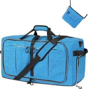 65L Foldable Nylon Duffle Bag, Waterproof Large Travel Bag with Thicken Bottom, Blue
