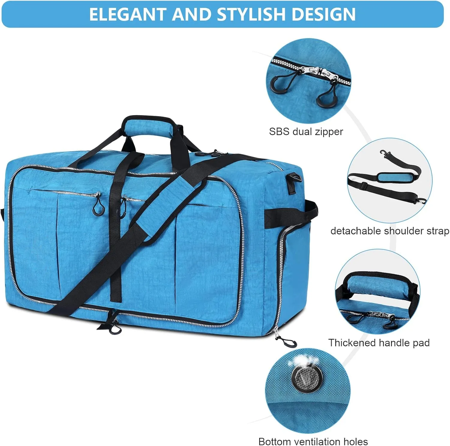 65L Foldable Nylon Duffle Bag, Waterproof Large Travel Bag with Thicken Bottom, Blue