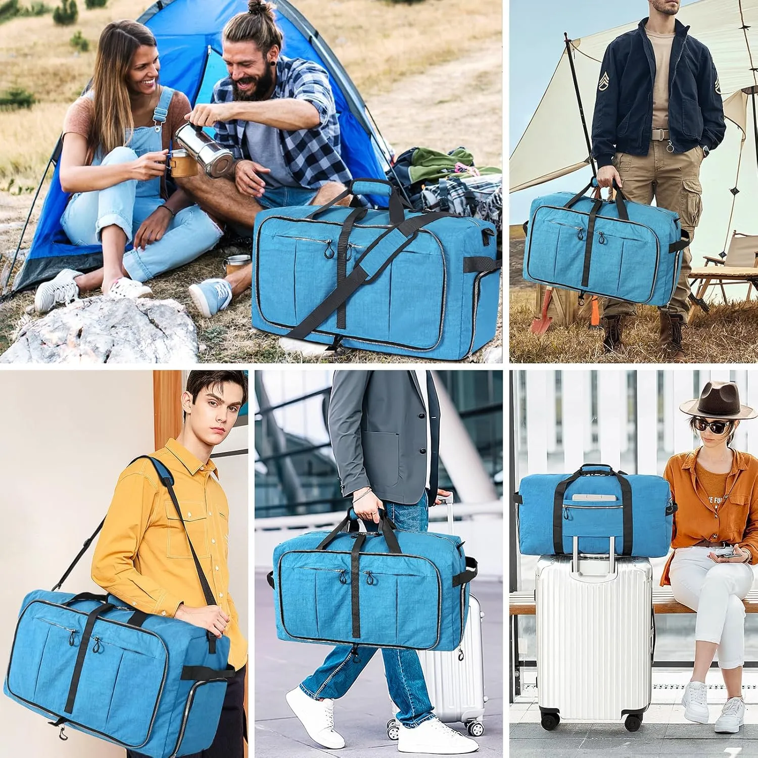 65L Foldable Nylon Duffle Bag, Waterproof Large Travel Bag with Thicken Bottom, Blue