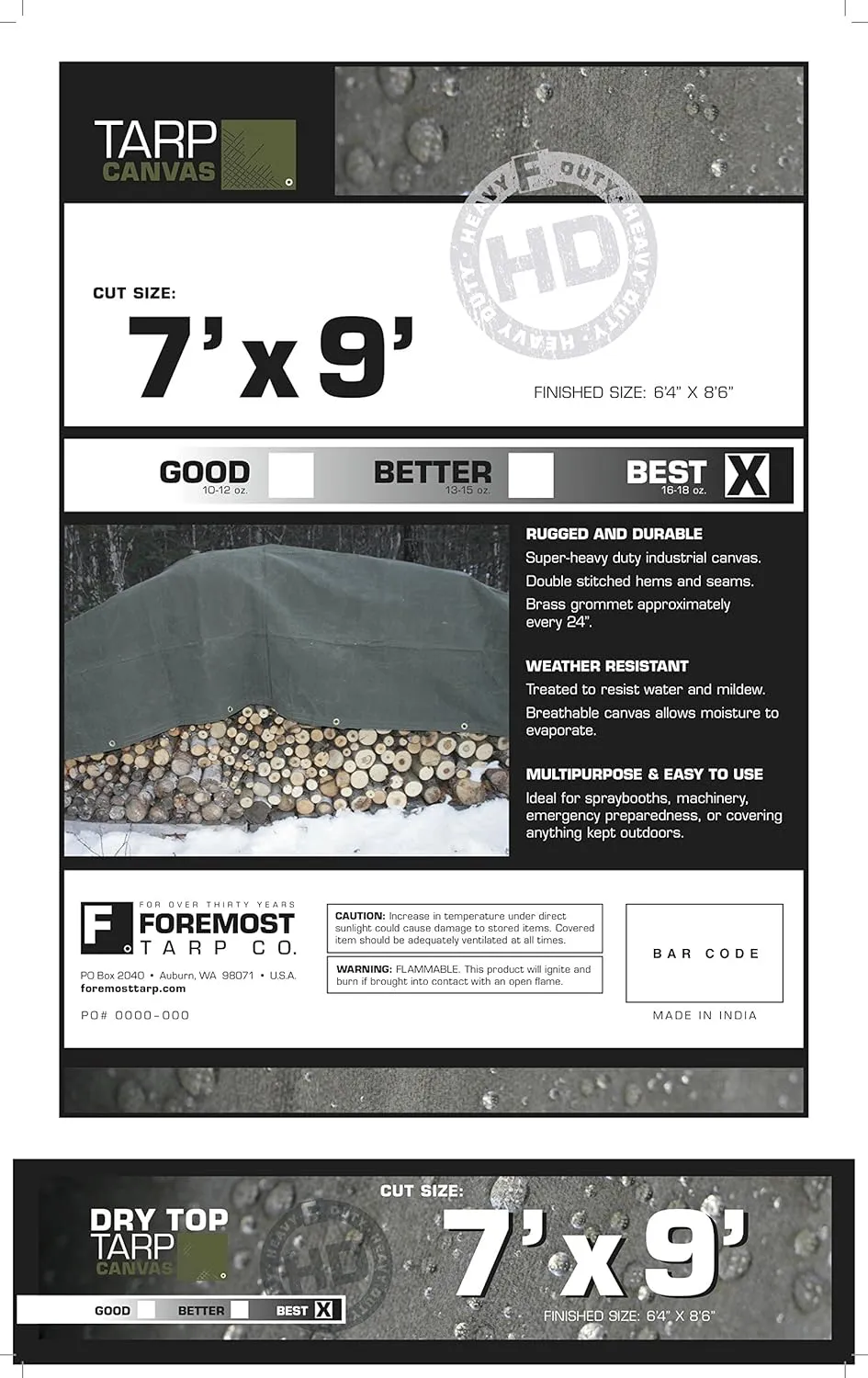 7x9 Green Heavy Duty Canvas Tarp DRY TOP (7’x9’)