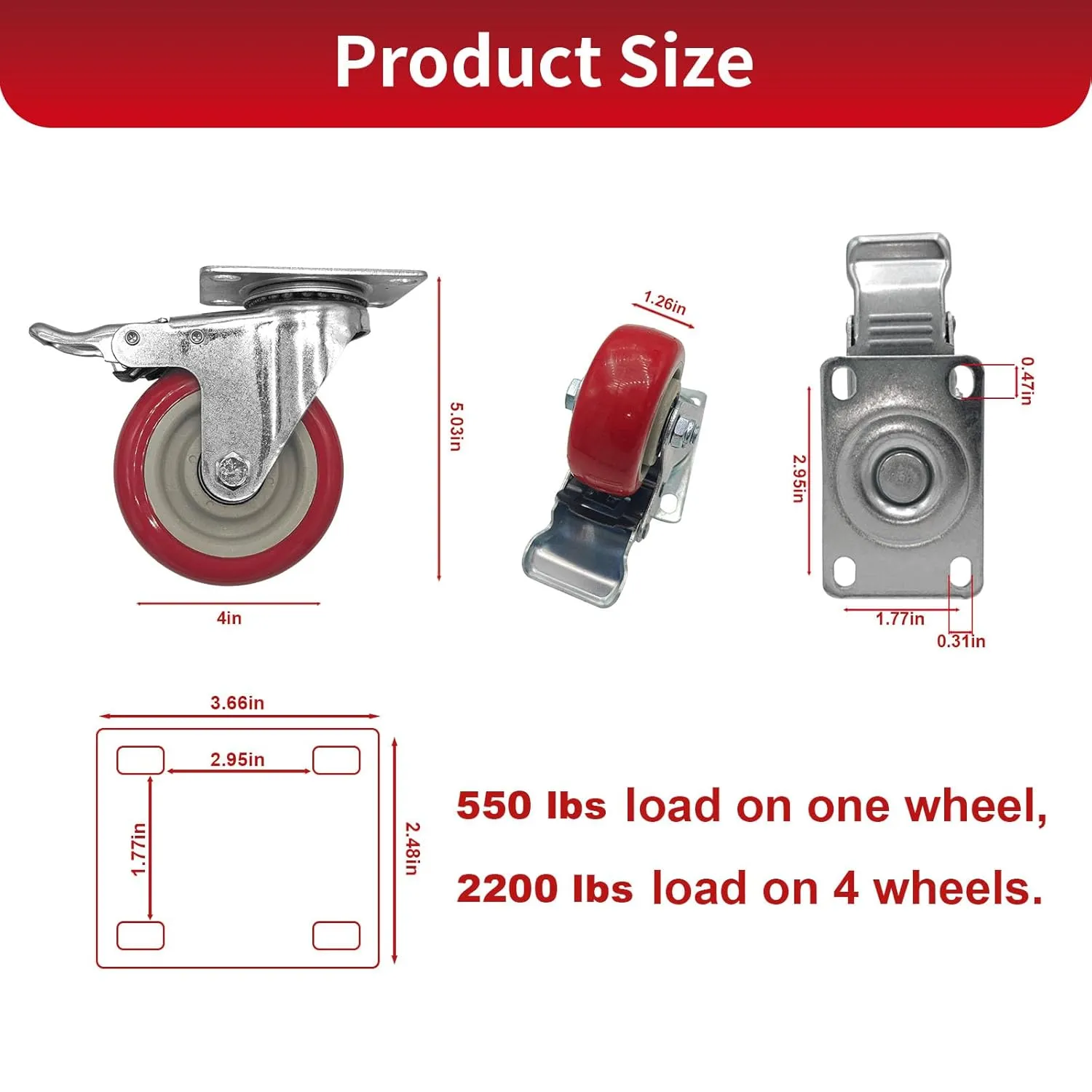 8 Pcs 4 Inch Heavy Duty Casters, (4 casters Load Capacity 2200 lbs) Lockable Swivel Bearing Caster with Brakes for Workbenches, Shelves, Carts, Etc.