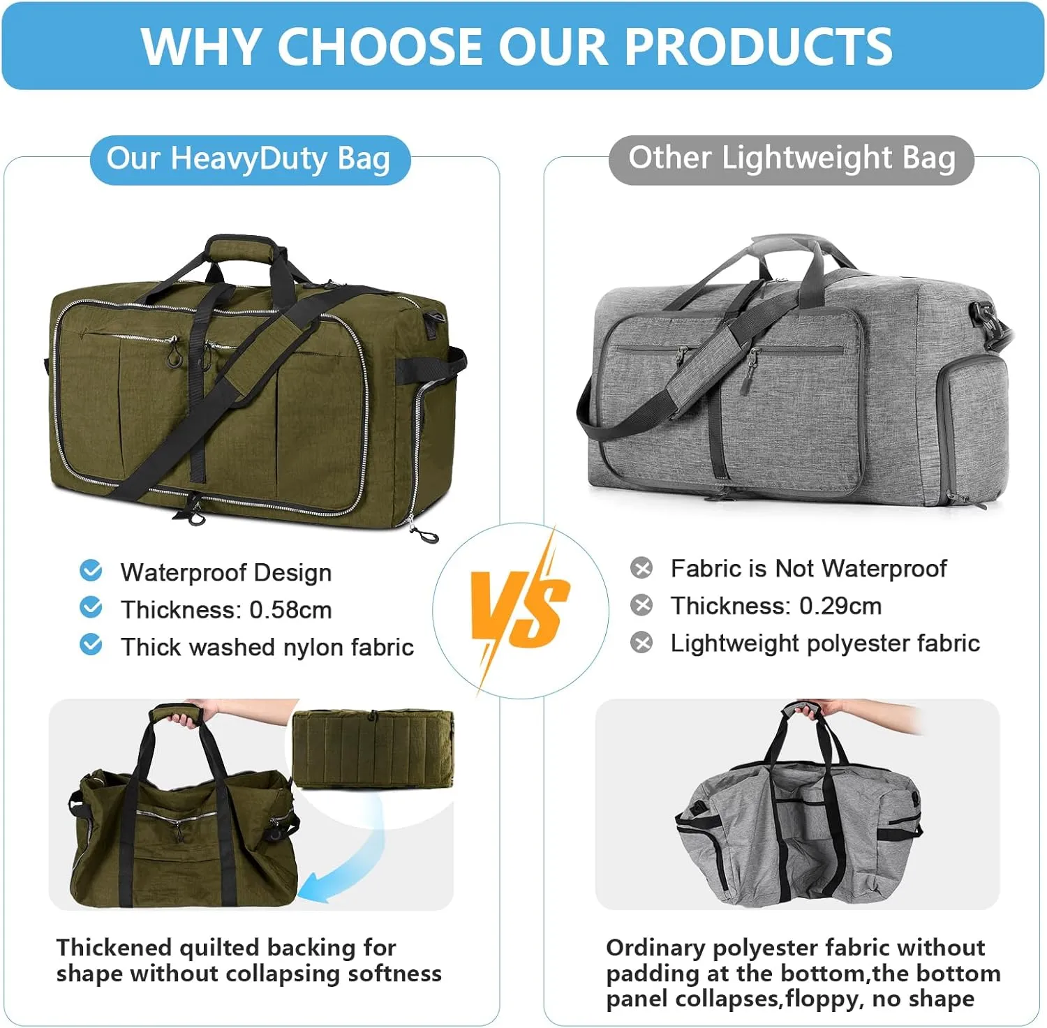 85L Foldable Nylon Duffle Bag, Waterproof Large Travel Bag with Thicken Bottom, Army Green