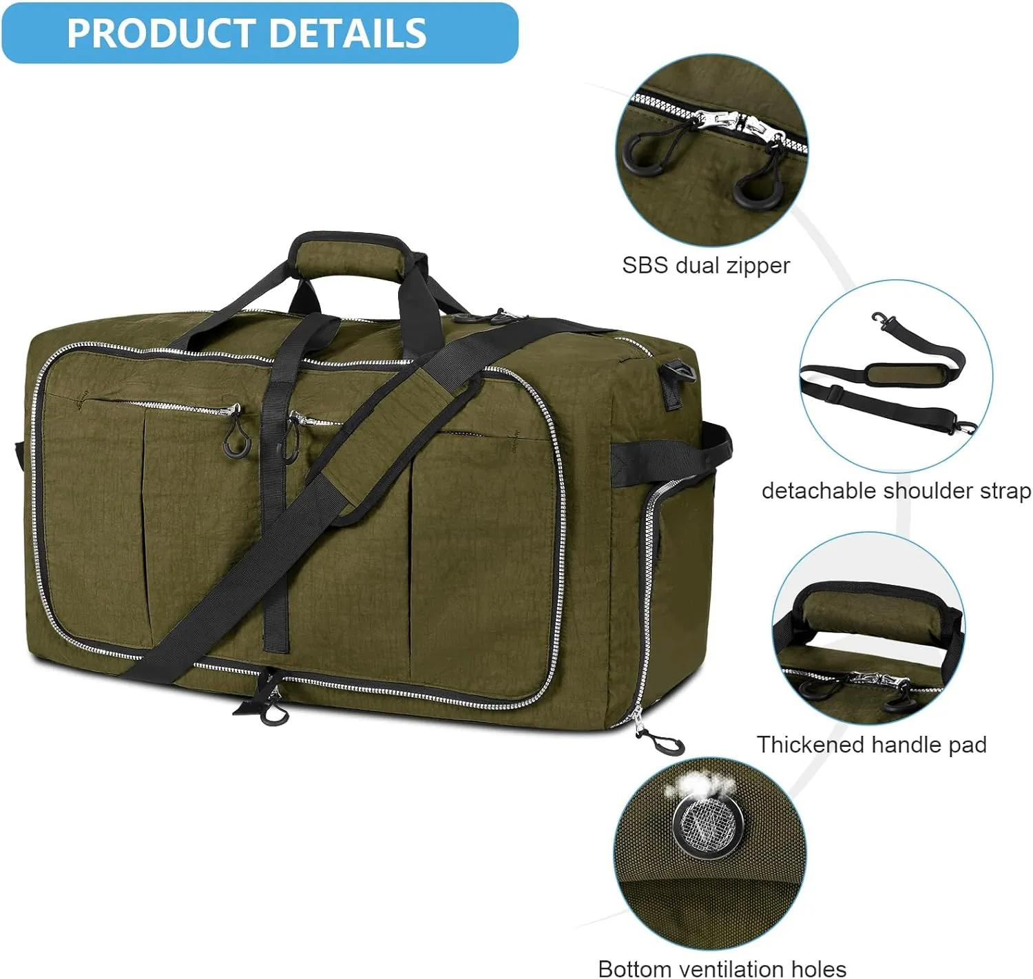 85L Foldable Nylon Duffle Bag, Waterproof Large Travel Bag with Thicken Bottom, Army Green