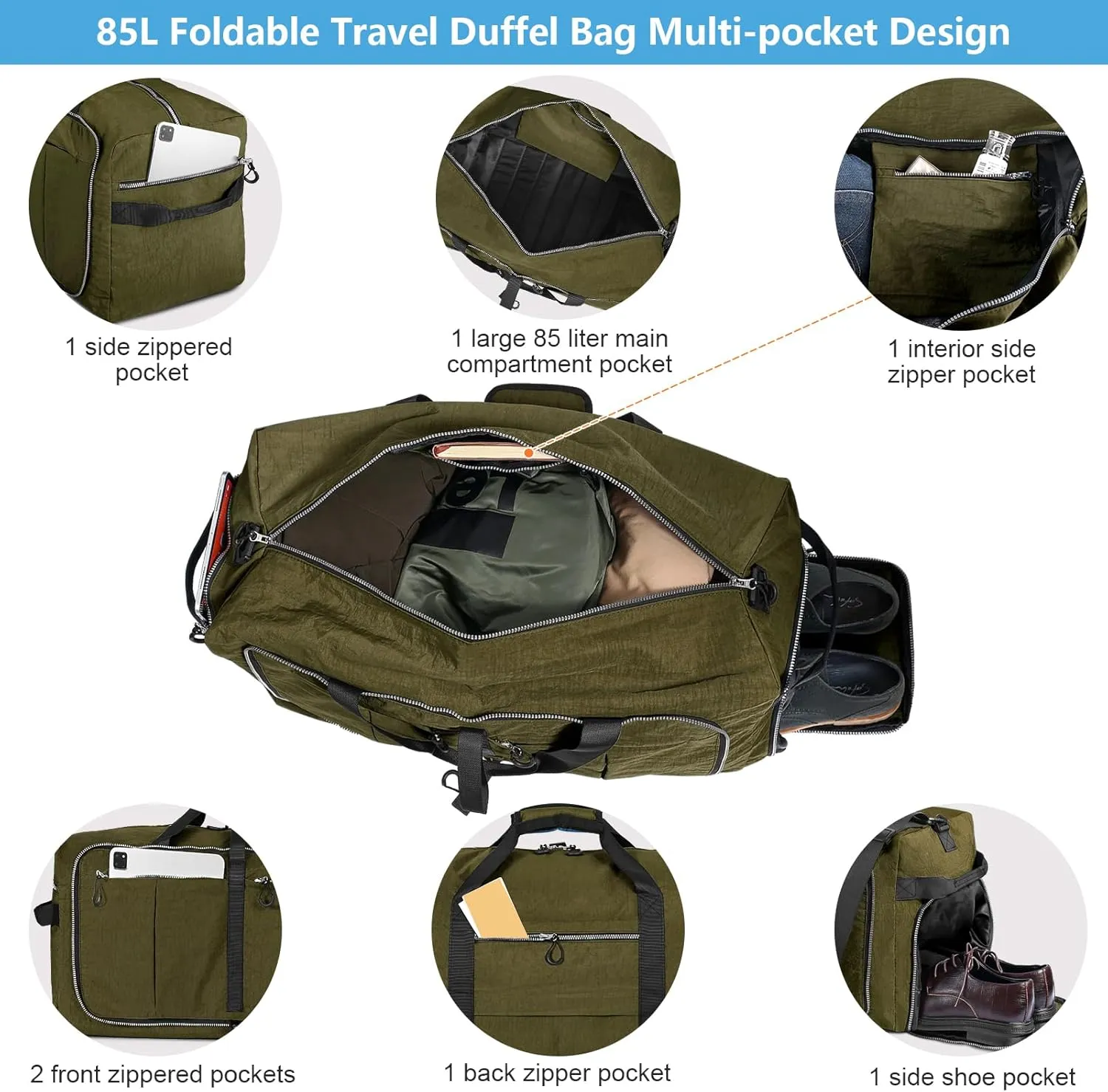 85L Foldable Nylon Duffle Bag, Waterproof Large Travel Bag with Thicken Bottom, Army Green