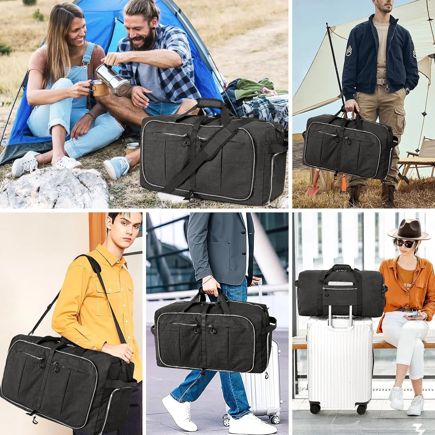 85L Foldable Nylon Duffle Bag, Waterproof Large Travel Bag with Thicken Bottom, Black