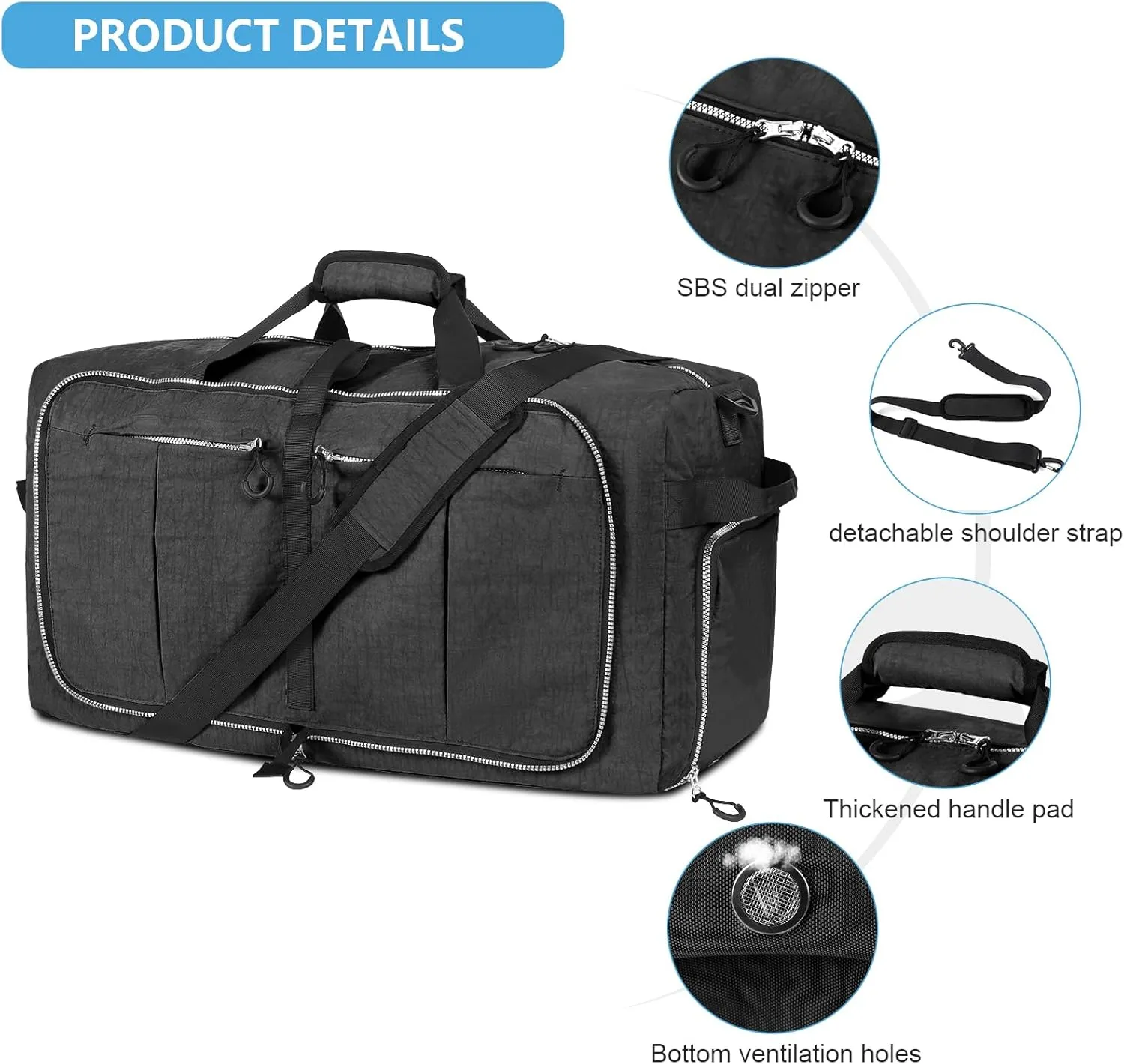 85L Foldable Nylon Duffle Bag, Waterproof Large Travel Bag with Thicken Bottom, Black