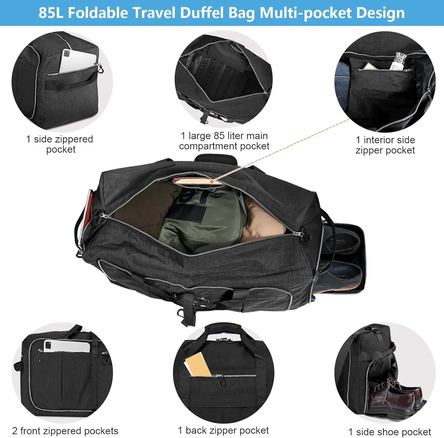 85L Foldable Nylon Duffle Bag, Waterproof Large Travel Bag with Thicken Bottom, Black