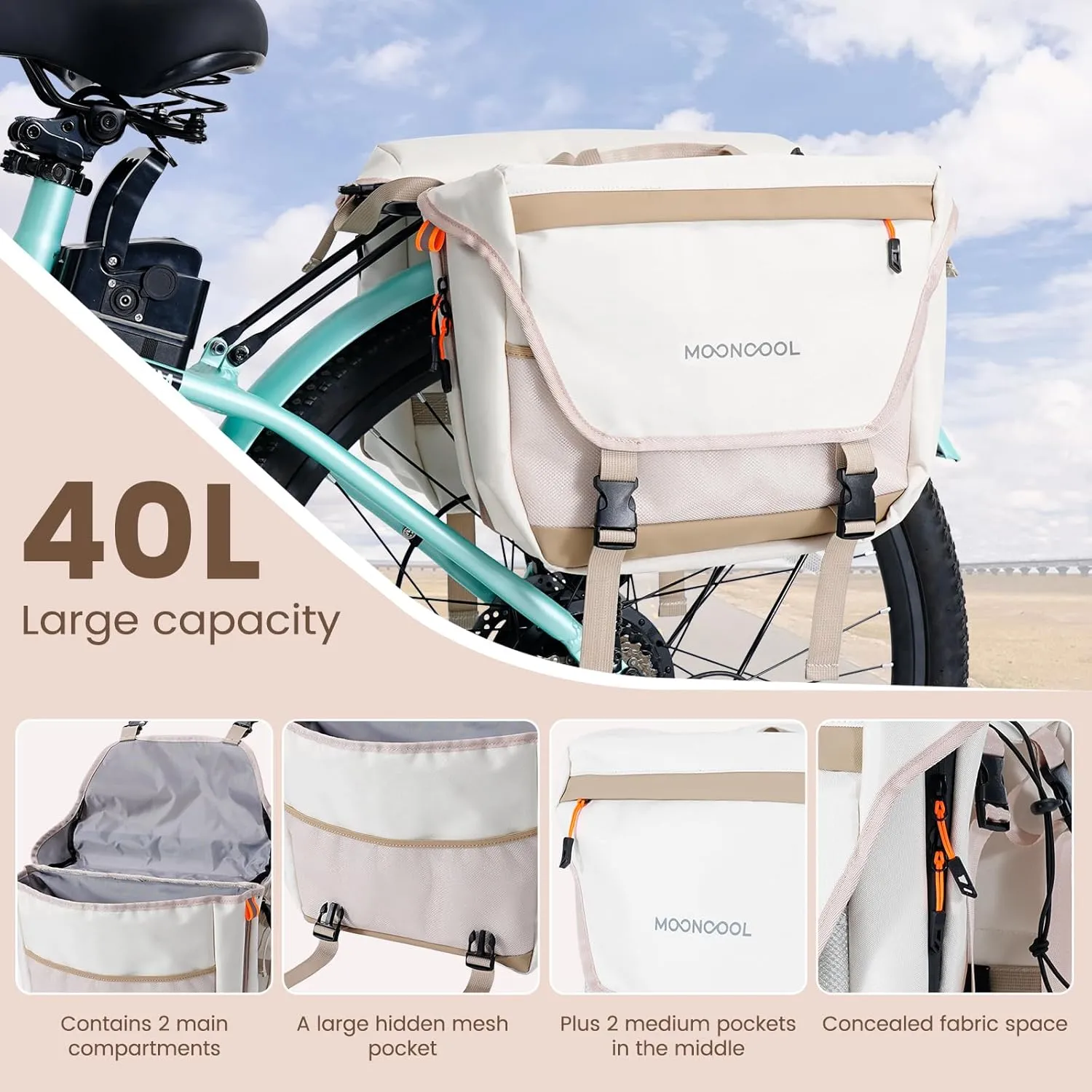 ABORON 40 L Waterproof Bicycle Pannier Bag, Dual-Side Rack Trunk with 4 Straps, 230D Polyester & 800D Oxford Fabric, Removable Carry Handle