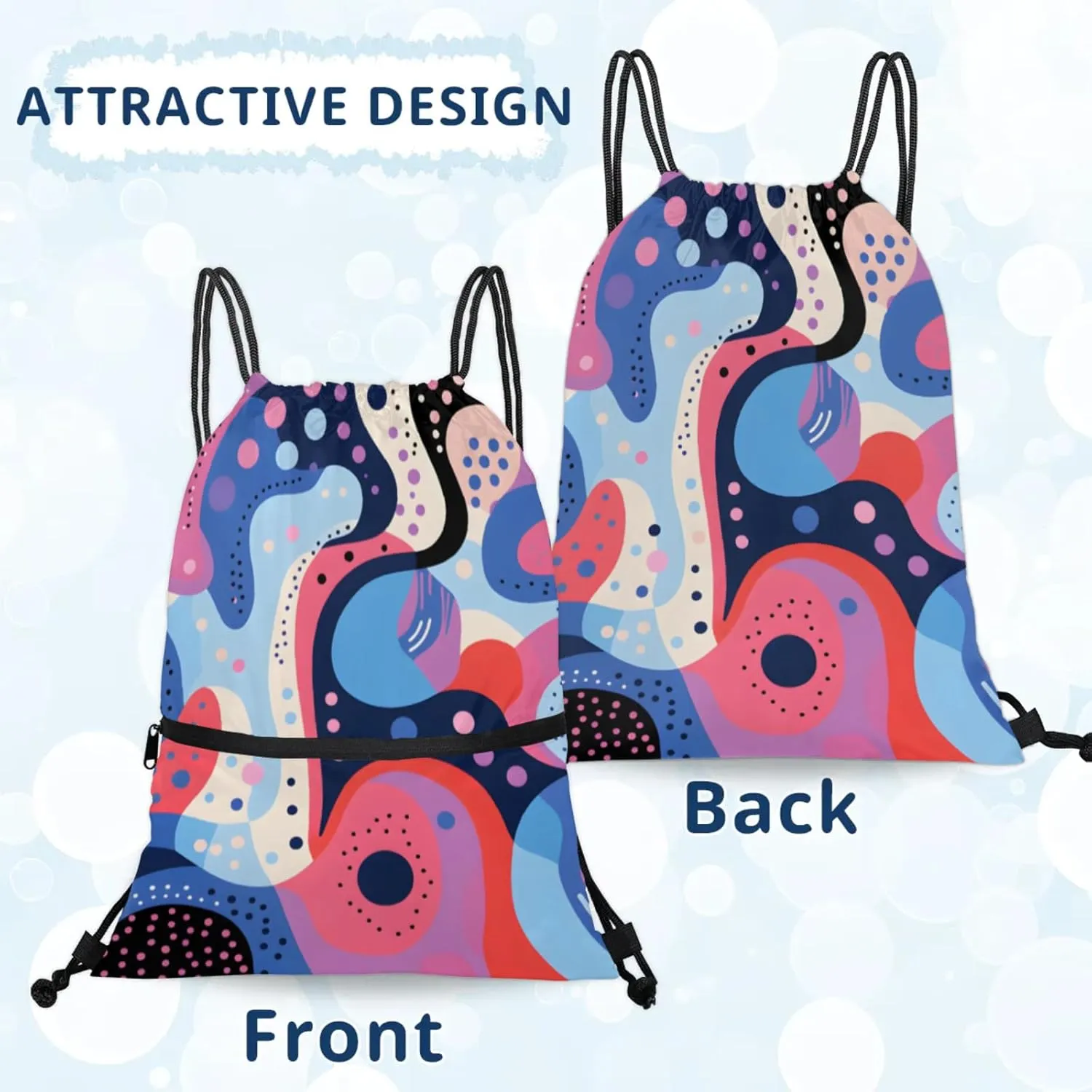 Abstract Colorful Dots Polyester Drawstring Bag with Zipper Pocket, 18x14 Inch Water-Resistant Gym Sack String Backpack for Sports, Travel, Camping