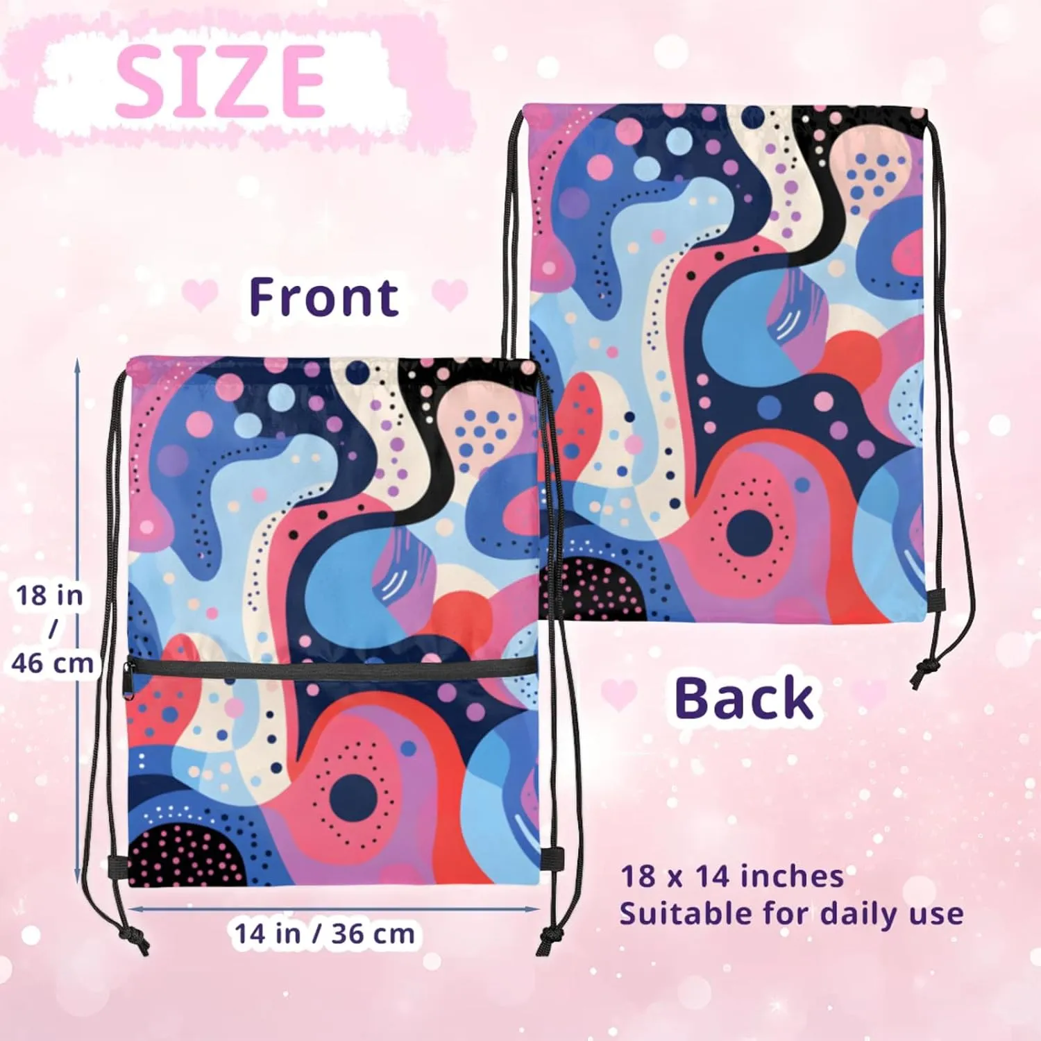 Abstract Colorful Dots Polyester Drawstring Bag with Zipper Pocket, 18x14 Inch Water-Resistant Gym Sack String Backpack for Sports, Travel, Camping