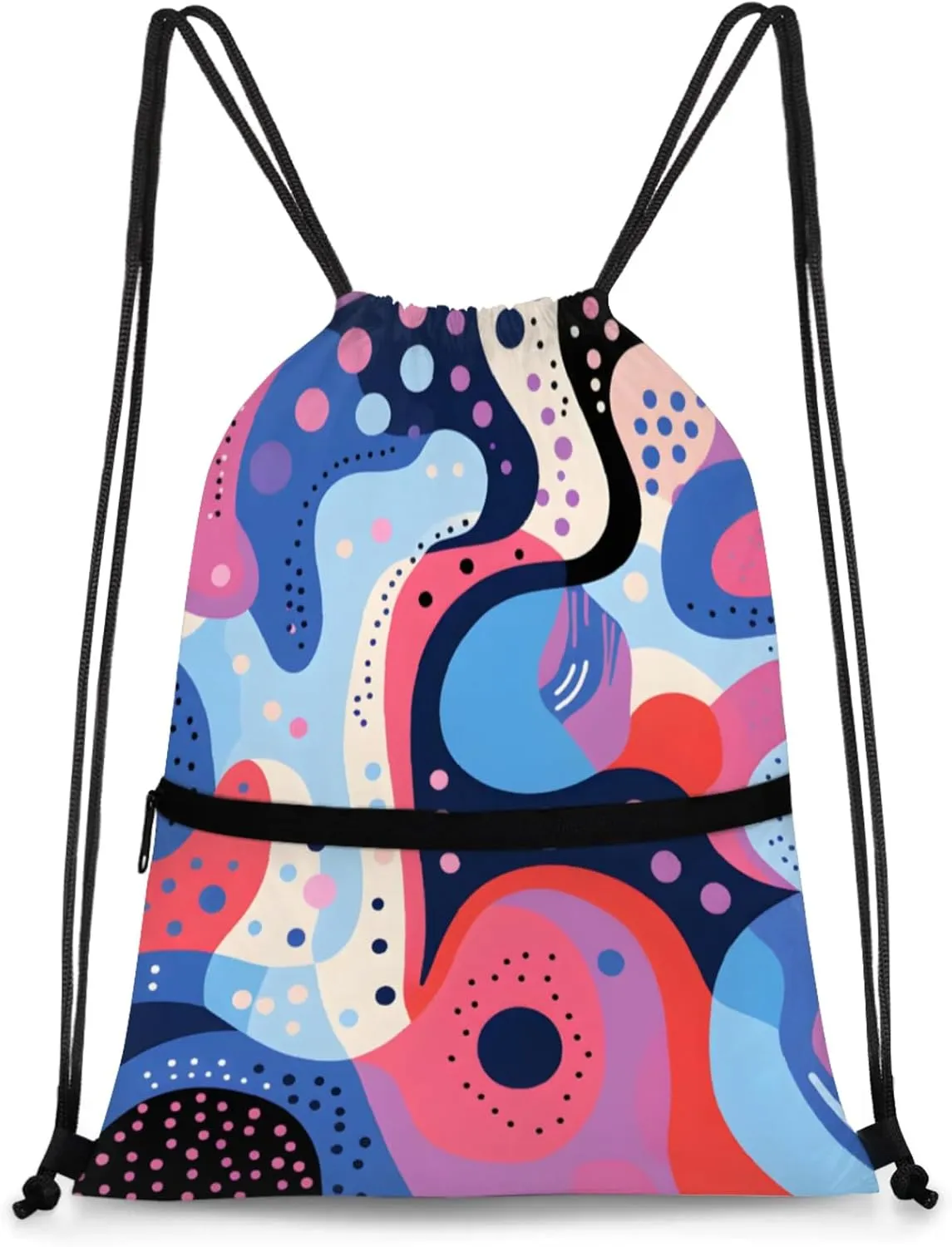 Abstract Colorful Dots Polyester Drawstring Bag with Zipper Pocket, 18x14 Inch Water-Resistant Gym Sack String Backpack for Sports, Travel, Camping