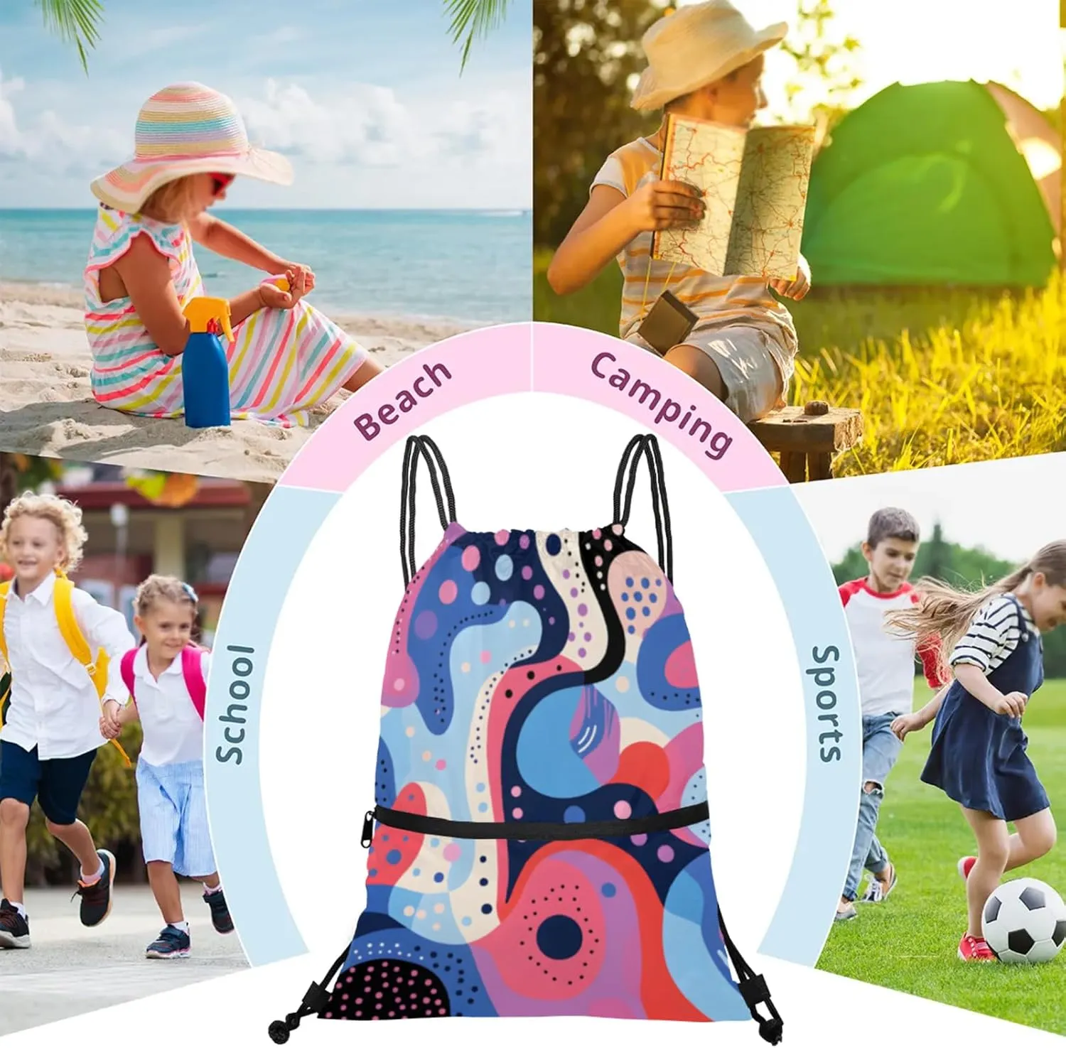 Abstract Colorful Dots Polyester Drawstring Bag with Zipper Pocket, 18x14 Inch Water-Resistant Gym Sack String Backpack for Sports, Travel, Camping
