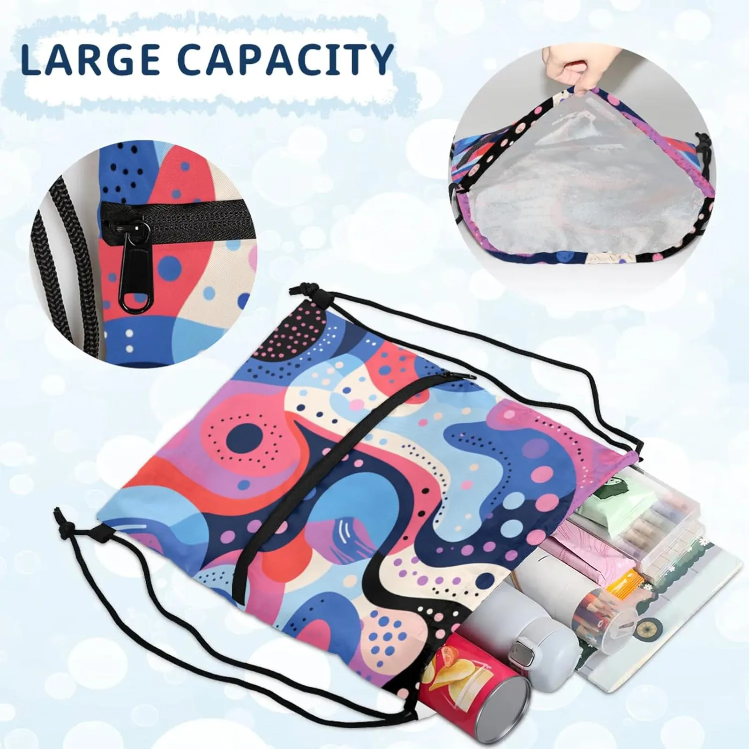 Abstract Colorful Dots Polyester Drawstring Bag with Zipper Pocket, 18x14 Inch Water-Resistant Gym Sack String Backpack for Sports, Travel, Camping