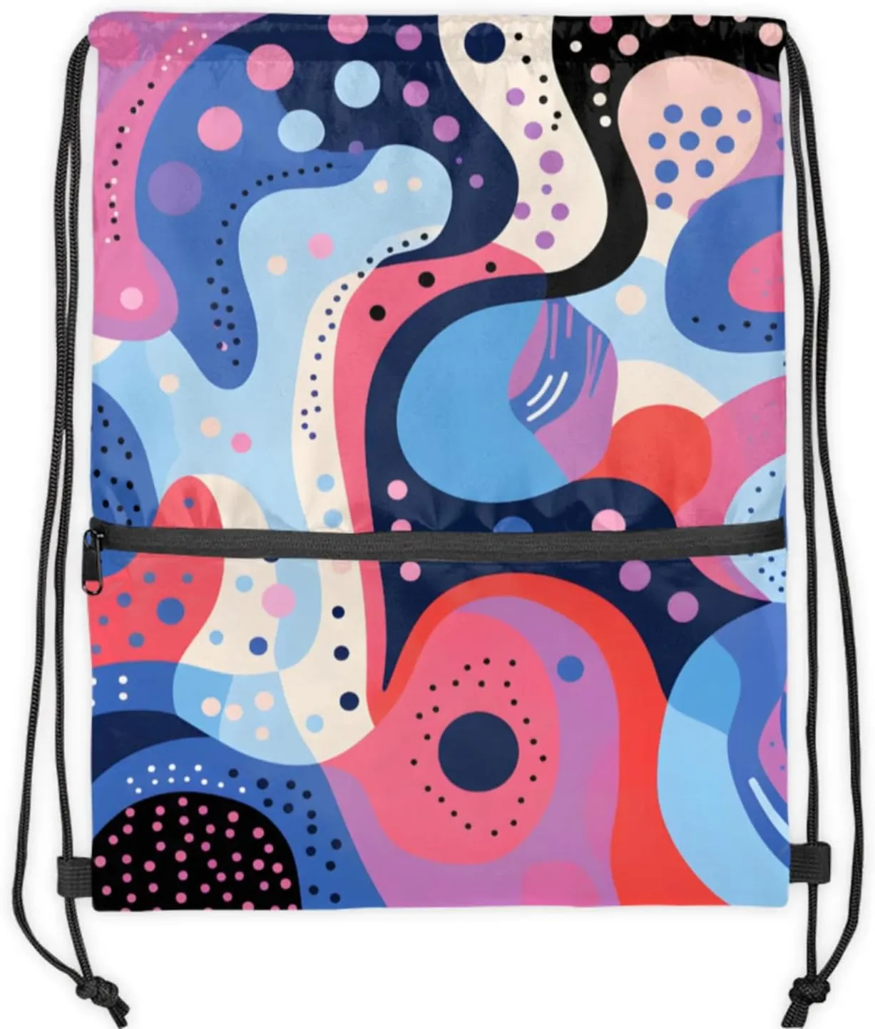 Abstract Colorful Dots Polyester Drawstring Bag with Zipper Pocket, 18x14 Inch Water-Resistant Gym Sack String Backpack for Sports, Travel, Camping