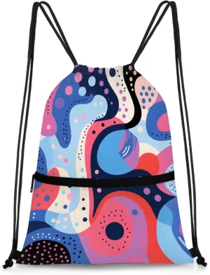 Abstract Colorful Dots Polyester Drawstring Bag with Zipper Pocket, 18x14 Inch Water-Resistant Gym Sack String Backpack for Sports, Travel, Camping
