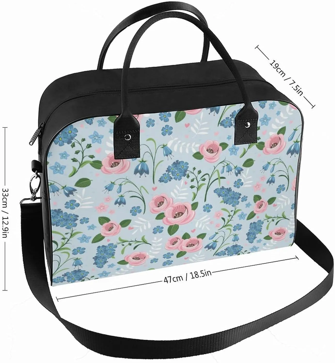 Adult High-capacity Nylon Pink Blue Florals Vintage Handbag for Touring 13" X 19" X 8"