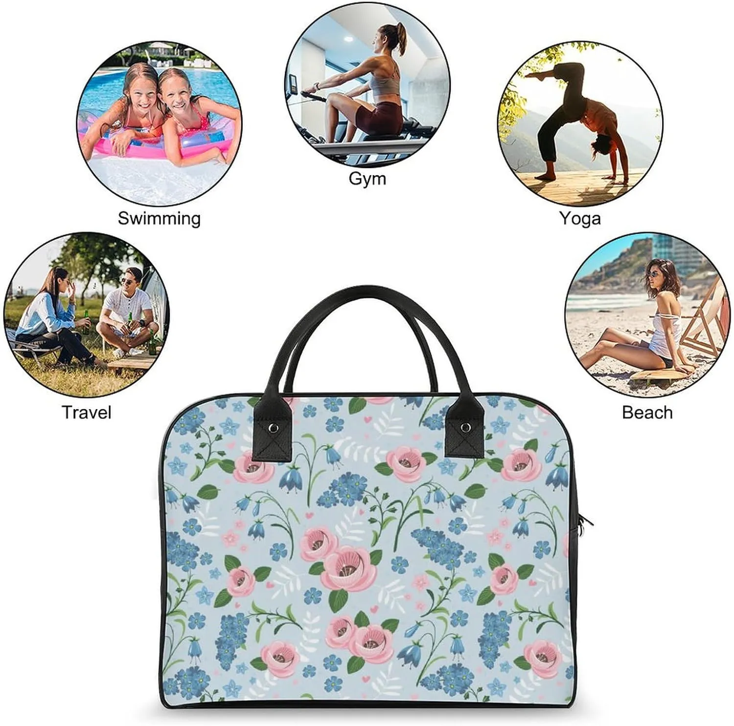 Adult High-capacity Nylon Pink Blue Florals Vintage Handbag for Touring 13" X 19" X 8"