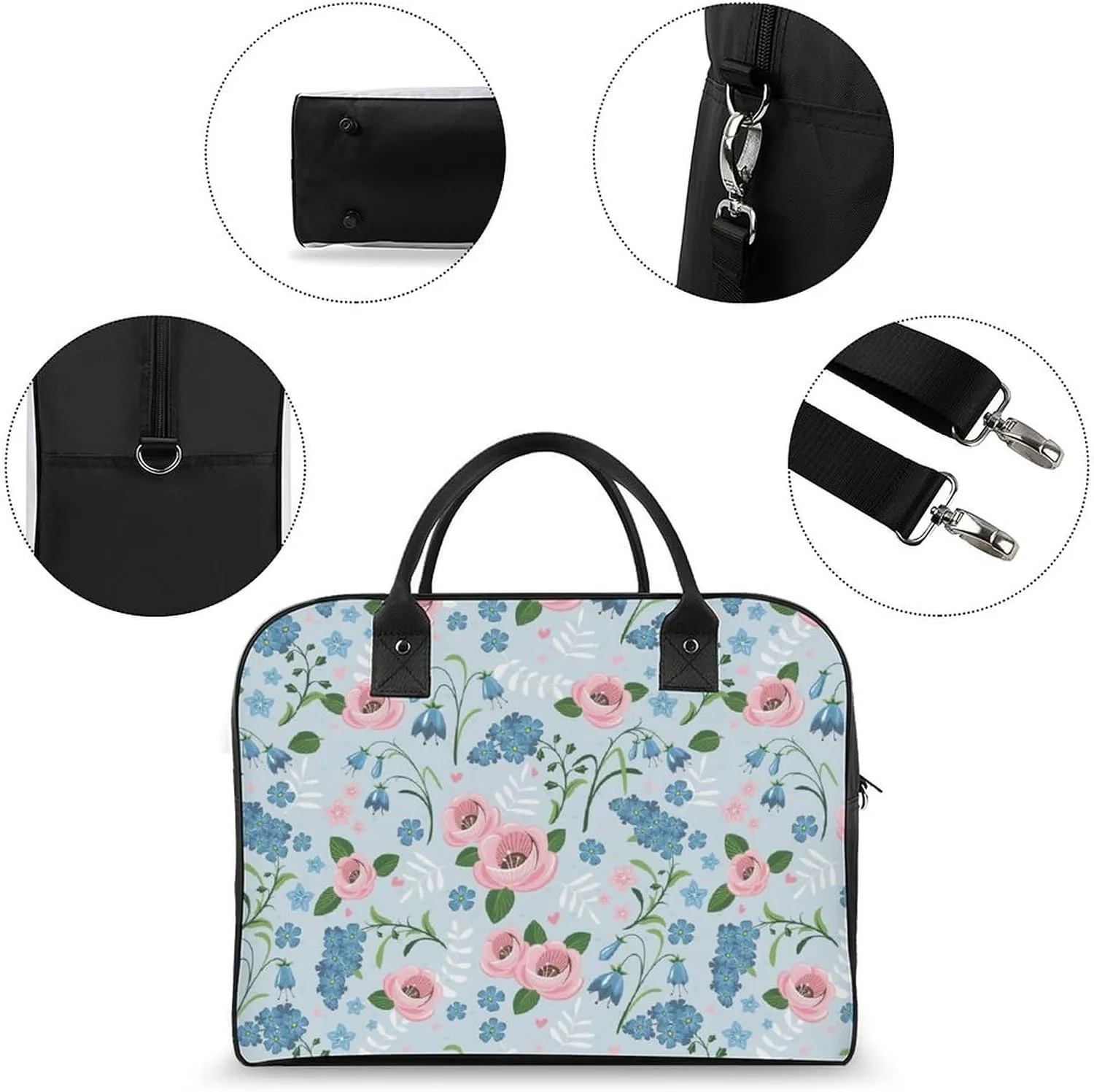 Adult High-capacity Nylon Pink Blue Florals Vintage Handbag for Touring 13" X 19" X 8"