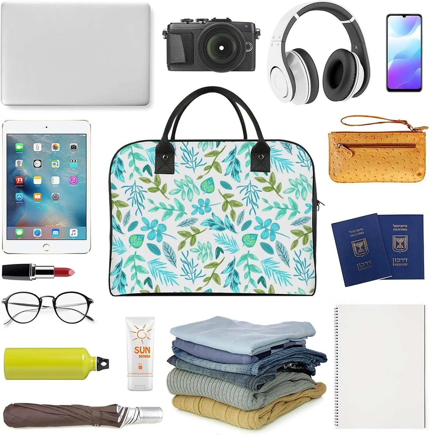 Adult Large Capacity Nylon Blue Leaves Modern Handbag for Touring 13" X 19" X 8"