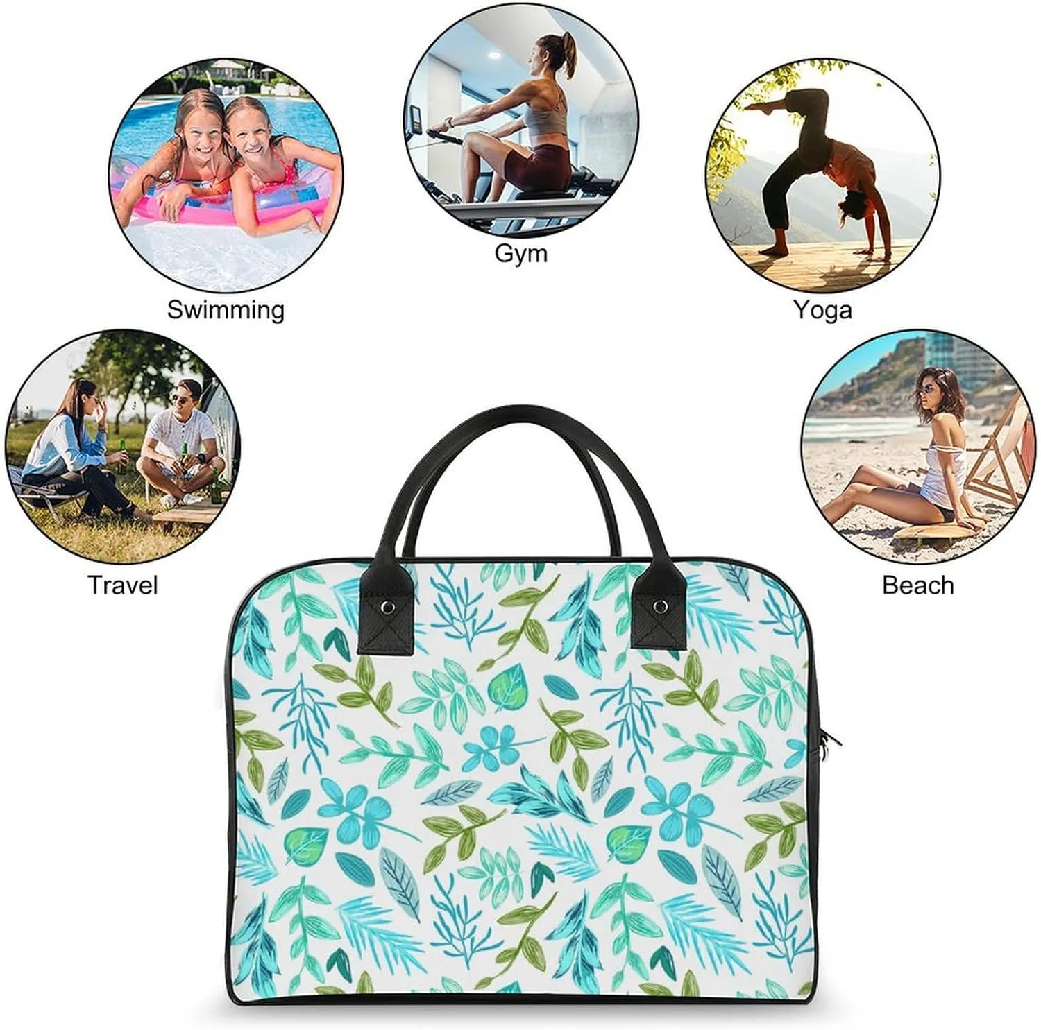 Adult Large Capacity Nylon Blue Leaves Modern Handbag for Touring 13" X 19" X 8"