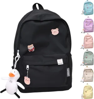 Aesthetic Backpack, Large Capacity Lightweight Casual Daypack, Cute Oxford Frabic Mochila with Pendant (Black)