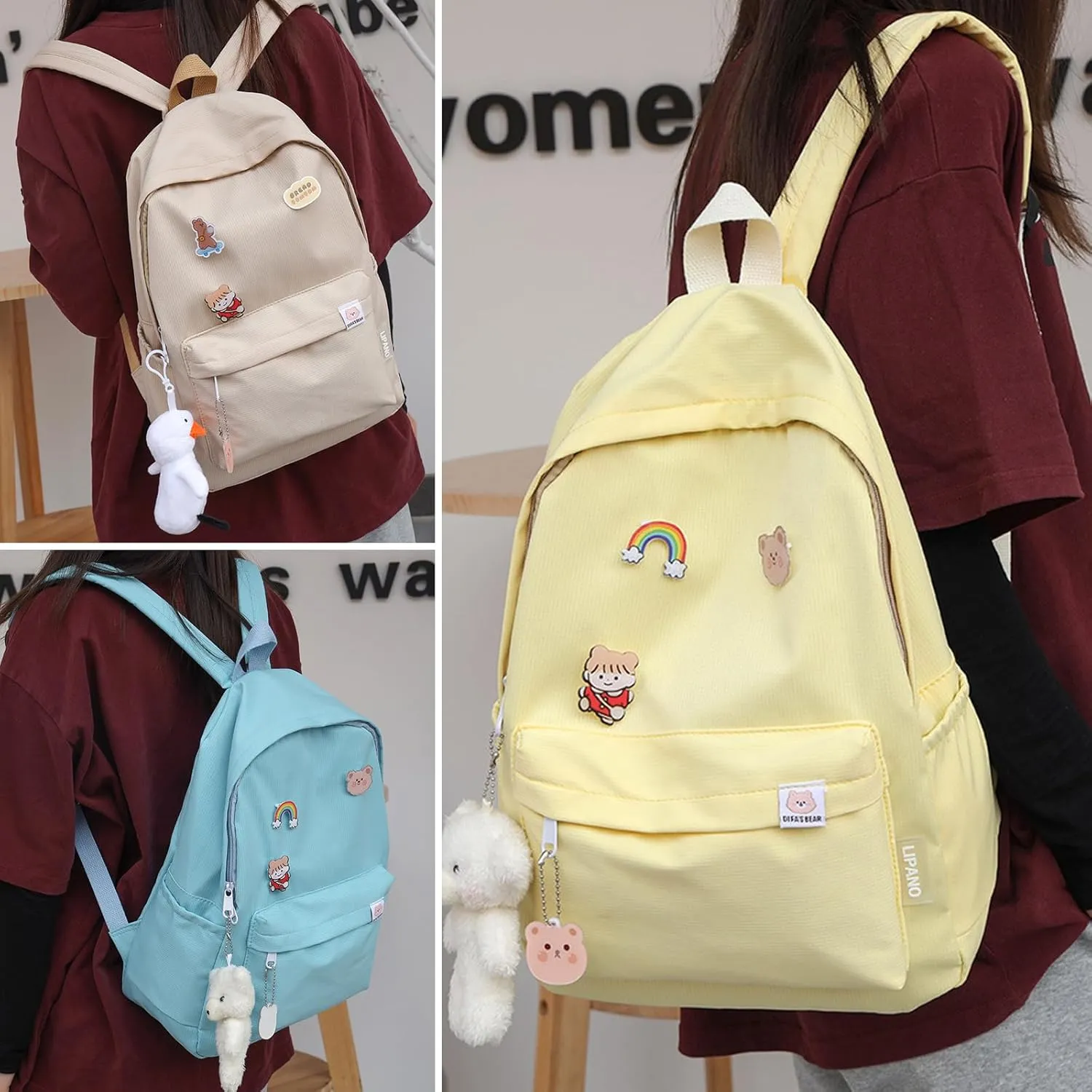 Aesthetic Backpack, Large Capacity Lightweight Casual Daypack, Cute Oxford Frabic Mochila with Pendant (Yellow)
