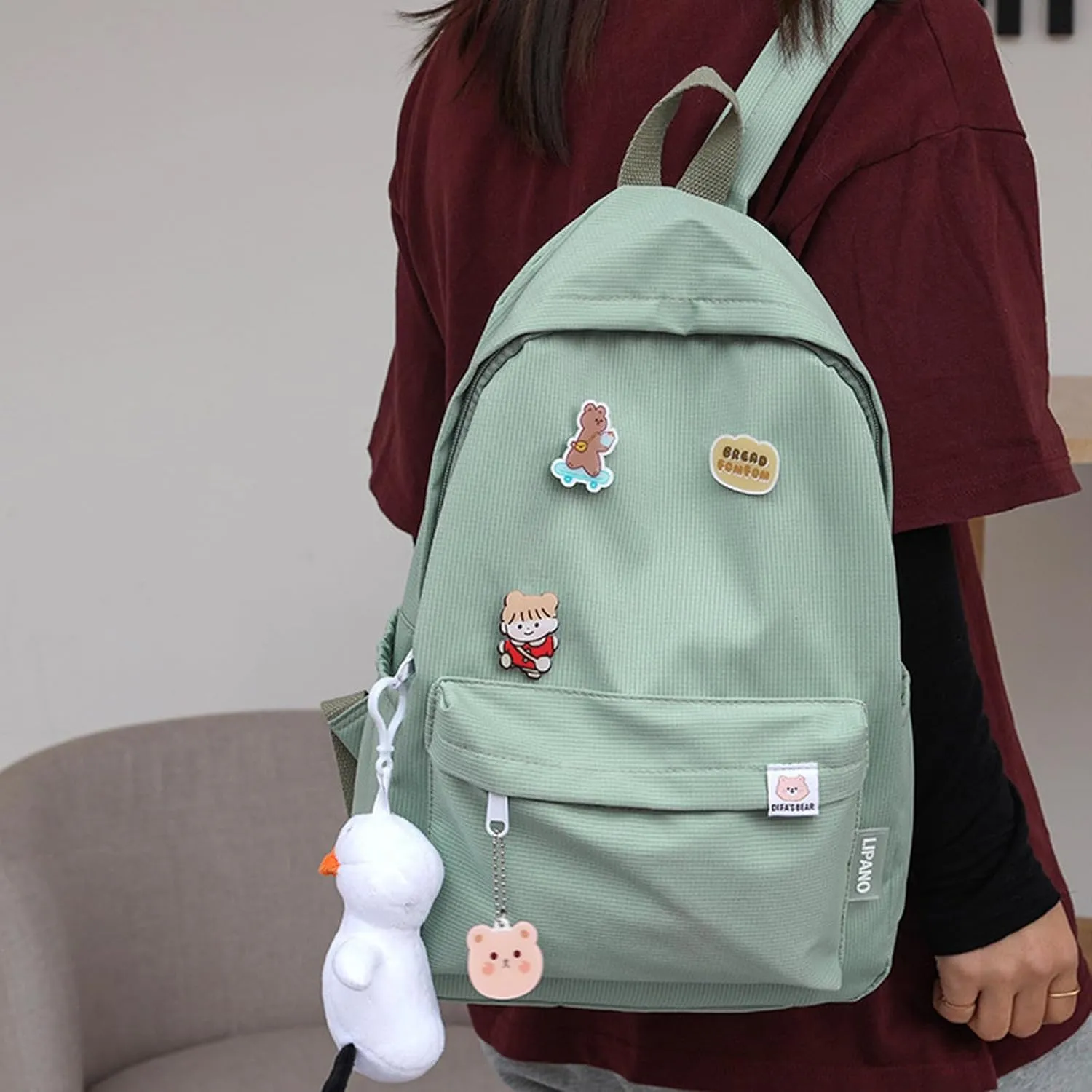 Aesthetic Backpack, Large Capacity Lightweight Casual Daypack, Cute Oxford Frabic Mochila with Pendant (Yellow)