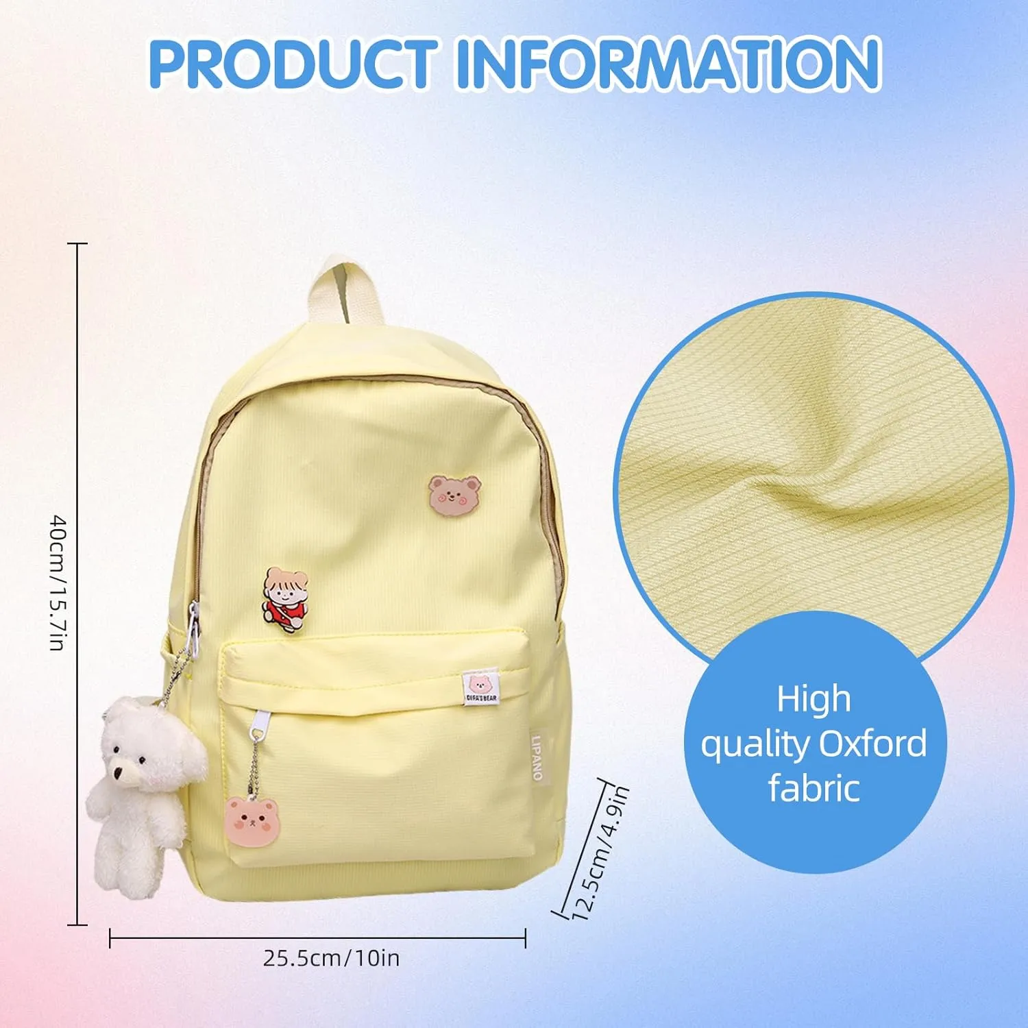 Aesthetic Backpack, Large Capacity Lightweight Casual Daypack, Cute Oxford Frabic Mochila with Pendant (Yellow)