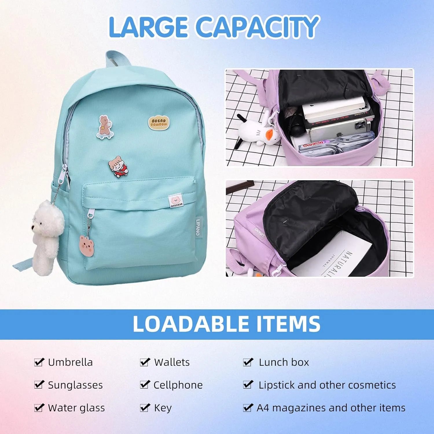 Aesthetic Backpack, Large Capacity Lightweight Casual Daypack, Cute Oxford Frabic Mochila with Pendant (Yellow)