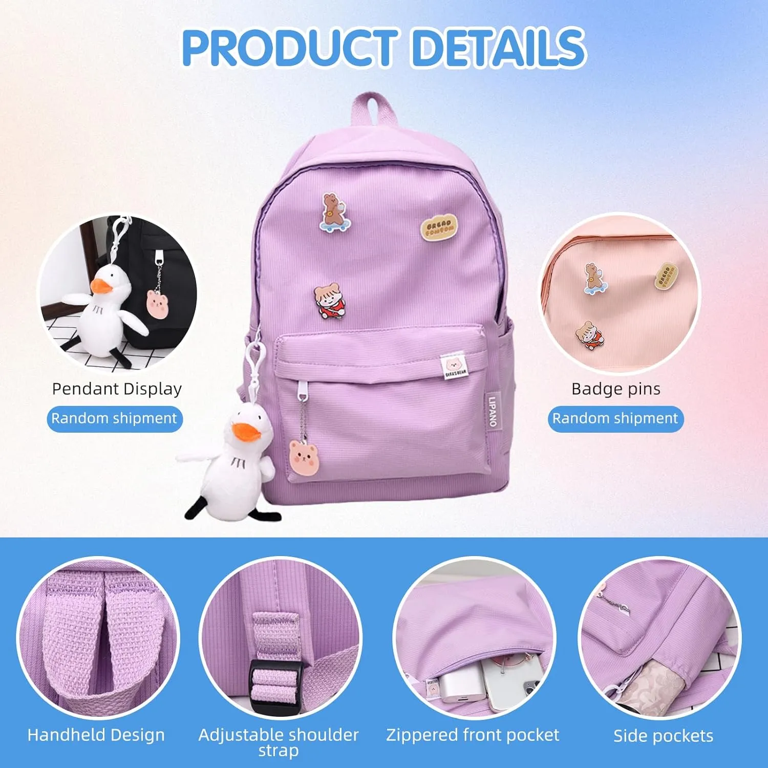 Aesthetic Backpack, Large Capacity Lightweight Casual Daypack, Cute Oxford Frabic Mochila with Pendant (Yellow)
