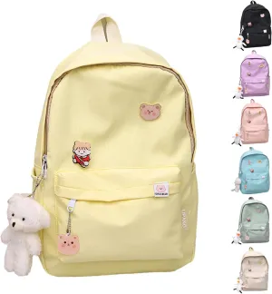 Aesthetic Backpack, Large Capacity Lightweight Casual Daypack, Cute Oxford Frabic Mochila with Pendant (Yellow)