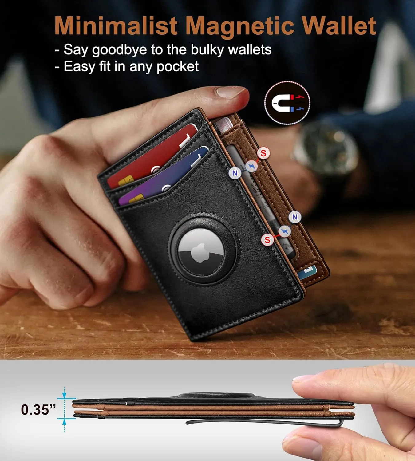 Airtag Wallet for Men- With Money Clip Gift Boxed, Magnetic Closure Slim Genuine Leather Front Pocket Wallet, 3.9"x 2.7", RFID Blocking