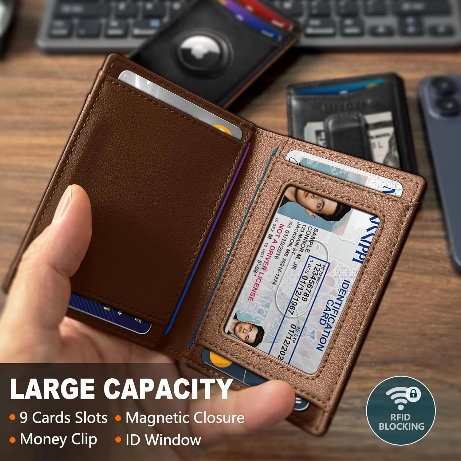 Airtag Wallet for Men- With Money Clip Gift Boxed, Magnetic Closure Slim Genuine Leather Front Pocket Wallet, 3.9"x 2.7", RFID Blocking