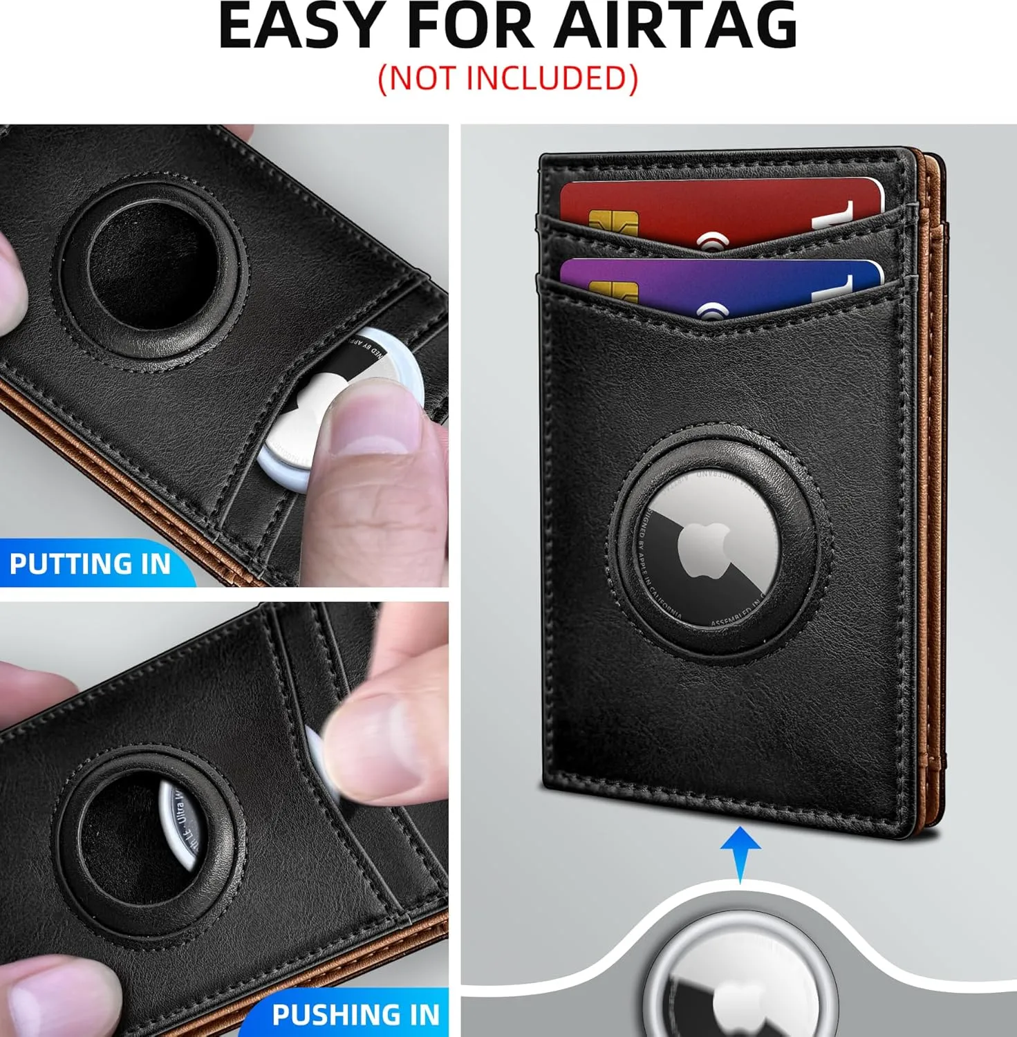 Airtag Wallet for Men- With Money Clip Gift Boxed, Magnetic Closure Slim Genuine Leather Front Pocket Wallet, 3.9"x 2.7", RFID Blocking