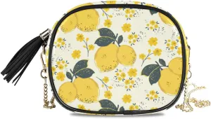 ALAZA PU Leather Small Crossbody Bag Purse Wallet Citrus Pattern With Summer Colorful Yellow Lemons And Flowers Cell Phone Bags with Adjustable Chain Strap & Multi Pocket